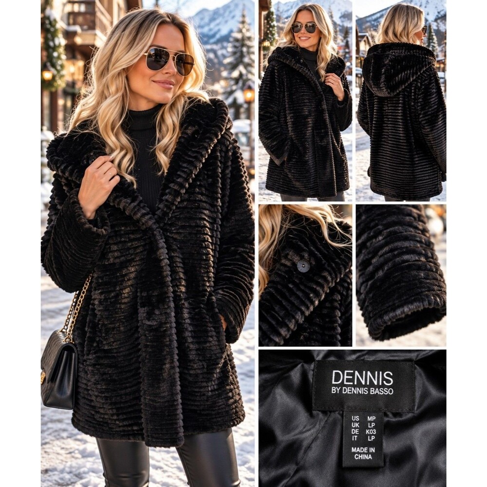 Dennis Basso Women's Black Faux Fur Long Hooded Coat Jacket Petite Medium MP Lux